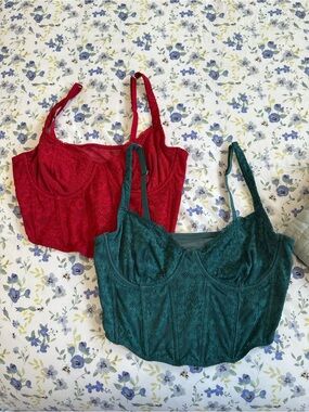 Lace Bustier Crop Top - Red and Forest Green